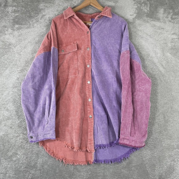 POL Tops - POL Corduroy Shirt Womens Medium Purple Colorblock Shacket Raw Hem Star